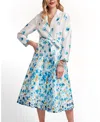 Frances Valentine Lucille Pocket Full Of Posies Poly Dupion Wrap Dress In Oyster Blue