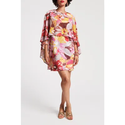 Frances Valentine Mini Cape Dress Sun Floral Poly Chiffon In Pink/multi
