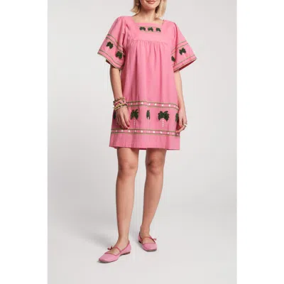 Frances Valentine Picnic Palm-embroidered Mini Shift Dress In Pink