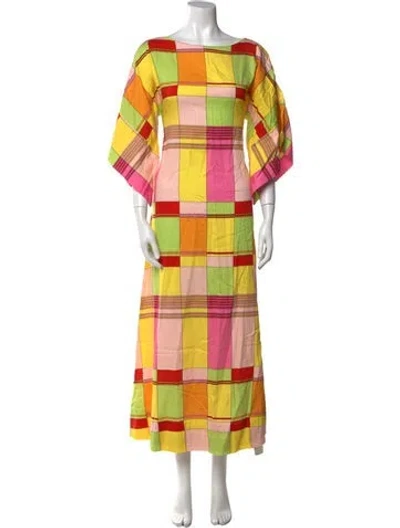 Pre-owned Frances Valentine Plaid Print Long Dress In Yellow