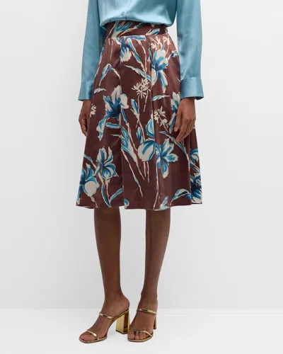 Frances Valentine Shelley Pleated Floral-print Midi Skirt In Brown/blue