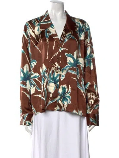 Pre-owned Frances Valentine Silk Floral Print Blouse In Brown