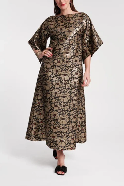 Frances Valentine Spinnaker Maxi Dress Lucky Devil Blue Iris Poly Satin In Black/gold