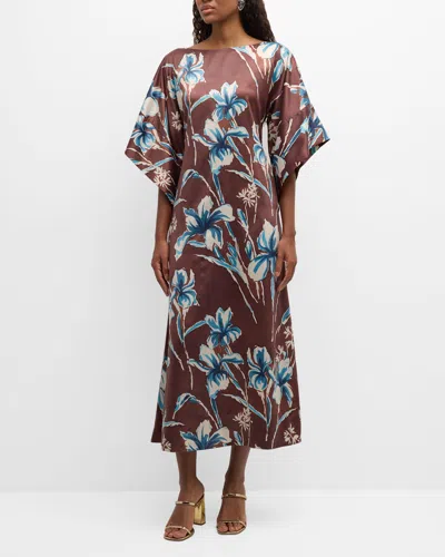 Frances Valentine Spinnaker Printed Bell-sleeve Maxi Dress In Brown/blue