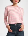 Frances Valentine Striped Crewneck Pima Cotton Tee Shirt In Oyster/pink