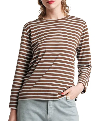 Frances Valentine Striped Crewneck Pima Cotton Top In Chocolate/light Blue