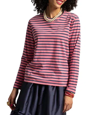 Frances Valentine Striped Pima Cotton Crewneck Top In Pink/navy