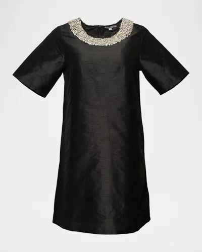 Frances Valentine Tabby Rhinestone-trim Satin Mini Shift Dress In Black