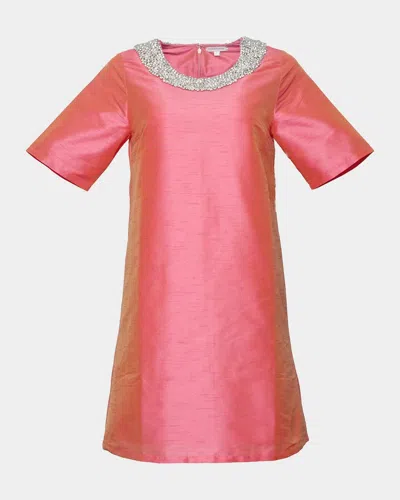 Frances Valentine Tabby Rhinestone-trim Satin Mini Shift Dress In Pink