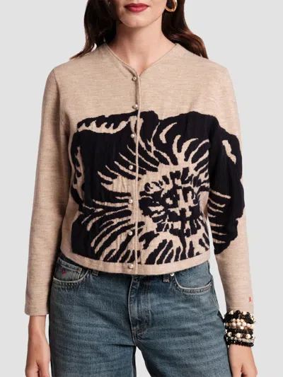 Frances Valentine Women's Darling Floral Merino Wool Cardigan In Camel Navy
