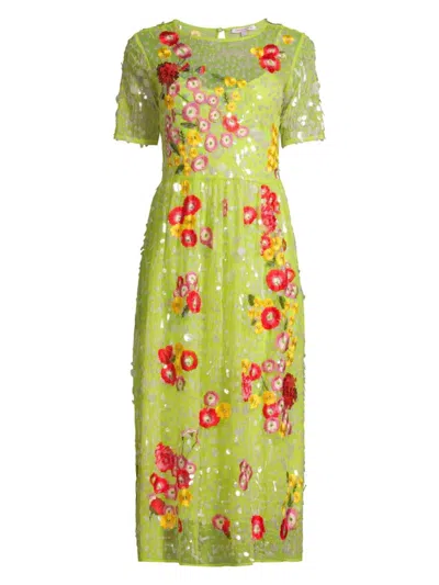 Frances Valentine Faith Floral-embroidered Sequin Midi Dress In Green