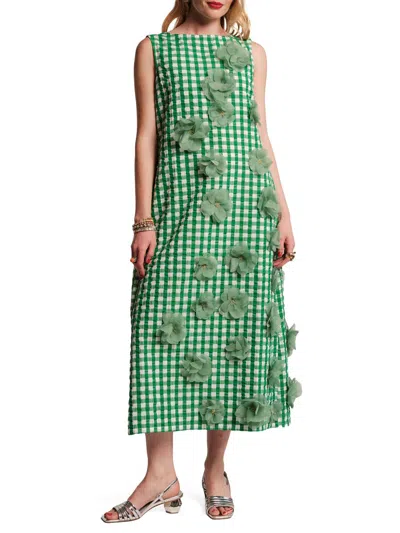 Frances Valentine Women's Origami 3d Floral Appliqué Gingham Midi-dress In Green