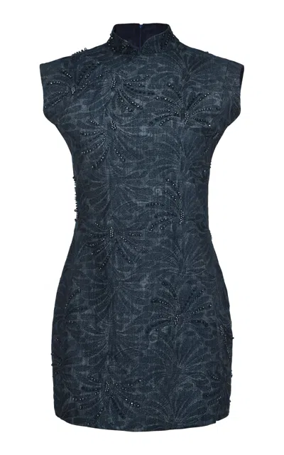 Francesca Miranda Azalea Bead-embellished Denim Mini Dress In Blue