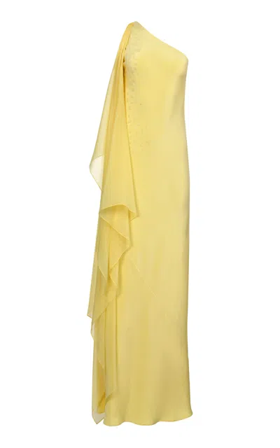 Francesca Miranda Dalia One Shoulder Embroidered Silk Maxi Dress In Yellow