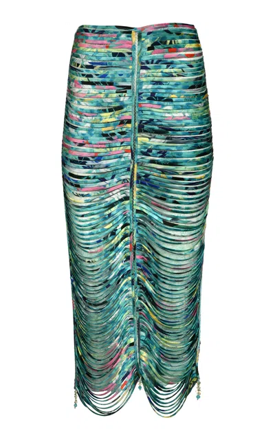 Francesca Miranda Danielle Fringe Silk Midi Skirt In Blue
