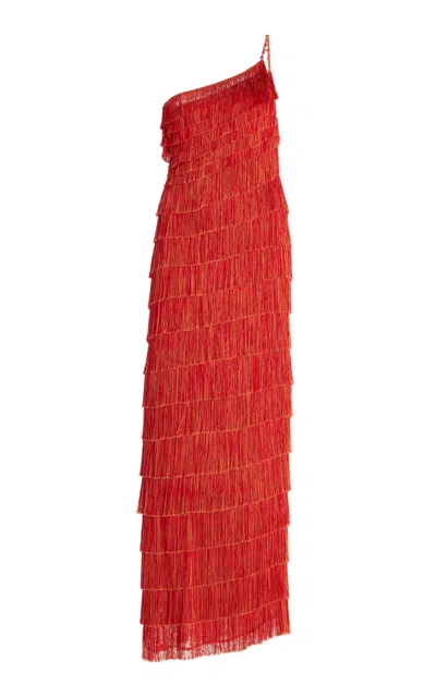 Francesca Miranda Exclusive One-shoulder Fringed Silk-blend Maxi Dress In Red