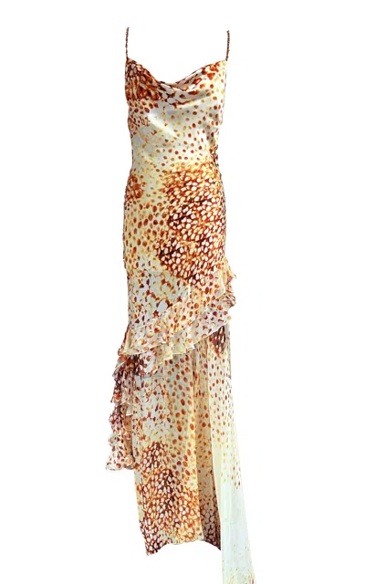Francesca Miranda Golden Cowl Neck Ruffles Silk Dress In Yellow