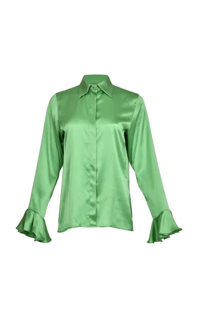 Francesca Miranda Ivy Flounce-sleeve Silk Top In Green