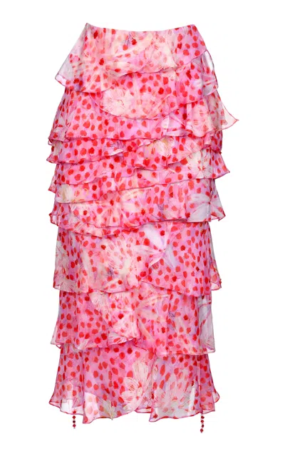 Francesca Miranda Olas Ruffle Silk Midi Skirt In Pink