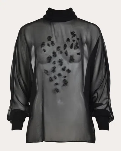 Francesca Miranda Women's Dusk Sheer Silk Embroidered Mock Neck Top In Black