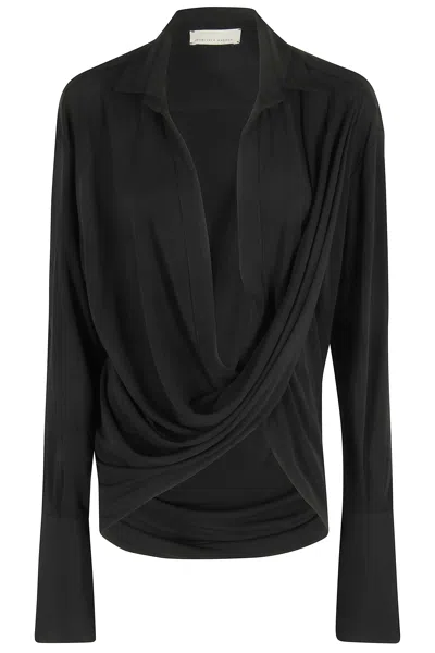 Francesco Murano Draped V-neck Shirt With Classic Collar In Black