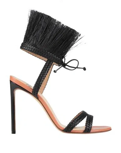 Francesco Russo Woman Sandals Black Size 7 Leather, Textile Fibers