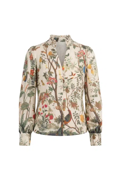 Franchetti Bond Women's Filide Birds & Branches Ruffle Neck Blouse In White