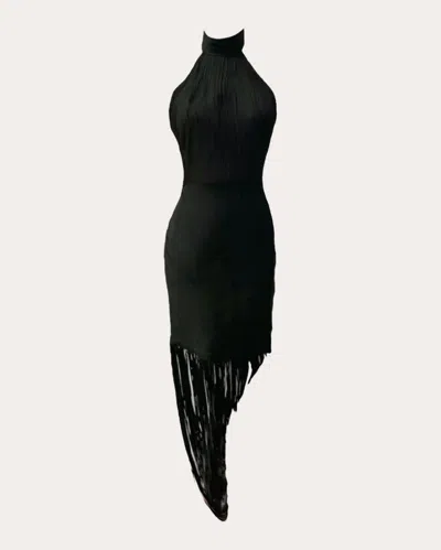 Francisco Arce Women's Hellen Asymmetric Fringed Silk Halterneck Dress In Black