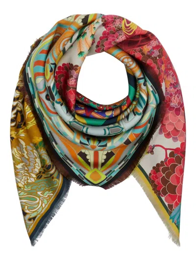 Franco Ferrari Fancy Reversible Multi Silk Square Scarf In Yellow/orange