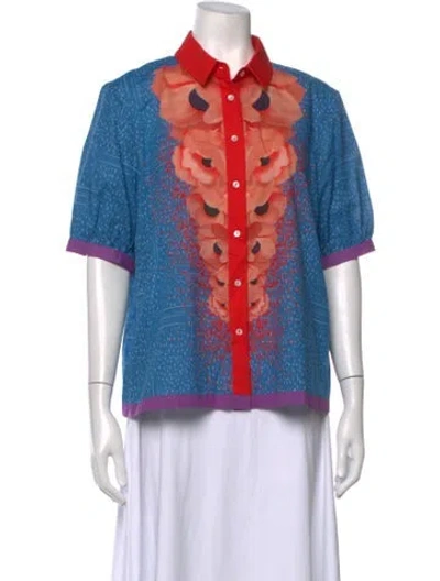Pre-owned Franco Ferrari Floral Print Short Sleeve Blouse W/ Tags In Blue