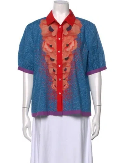 Pre-owned Franco Ferrari Floral Print Short Sleeve Blouse W/ Tags In Blue