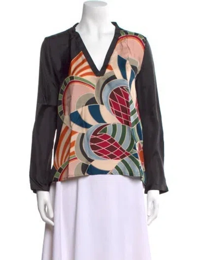 Pre-owned Franco Ferrari Printed V-neck Blouse W/ Tags In Black