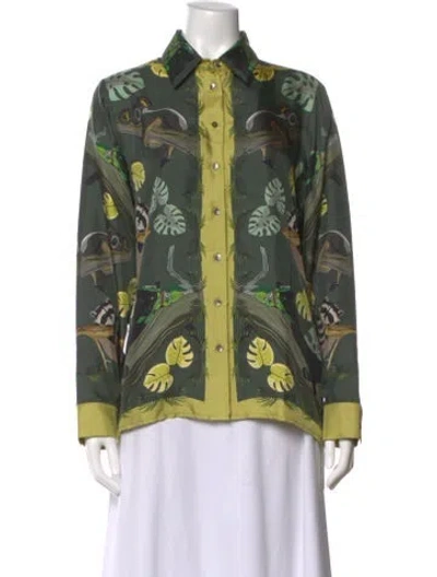 Pre-owned Franco Ferrari Silk Animal Print Button-up Top In Green