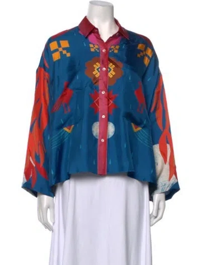 Pre-owned Franco Ferrari Silk Graphic Print Button-up Top In Blue