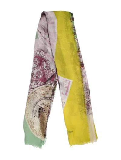 Pre-owned Franco Ferrari Silk Graphic Print Scarf In Yellow