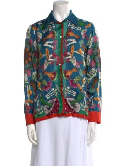 Pre-owned Franco Ferrari Silk Printed Button-up Top W/ Tags In Blue