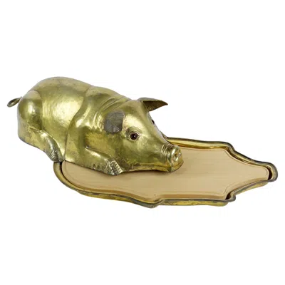 Pre-owned Franco Lapini Italian Repousse Pig Serving Platter And Top With Glass Eyes In Brown