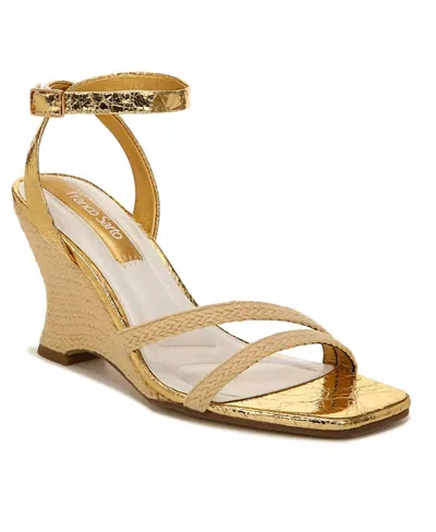 Franco Sarto Franca 2 Ankle Strap Buckle Wedge Heels In Natural In Gold