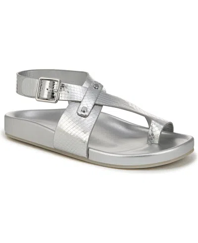 Franco Sarto Women's Blair Toe Loop Round Toe Flat Sandals In Silver Snake Print Faux Leather