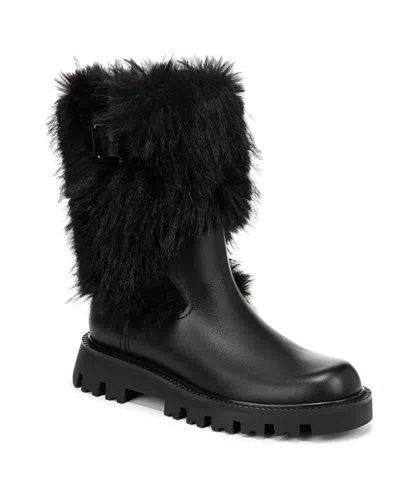 Franco Sarto Women's Brina-fur Mid Shaft Lug Sole Boots In Black Leather,faux Fur