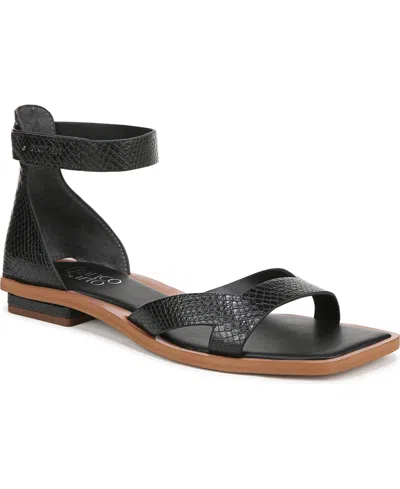 Franco Sarto Women's Elisa Open Square Toe Ankle Strap Flat Sandals In Black Snake Print Faux Leather