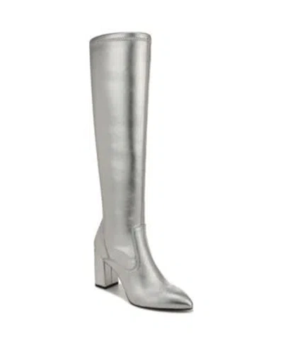Franco Sarto Womens Katherine Block Heel Pointed Toe Knee High Boots Regular Wide Calf In Silver
