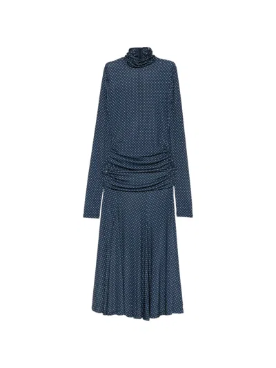 Francoise Ava Polka-dot Ruched Midi Dress In Blue