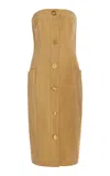 Francoise Bijou Strapless Buttoned Cotton Midi Dress In Khaki