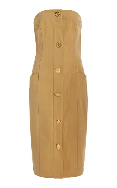 Francoise Bijou Strapless Buttoned Cotton Midi Dress In Khaki