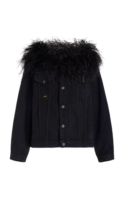 Francoise Billie Feather-embellished Denim Jacket In Black