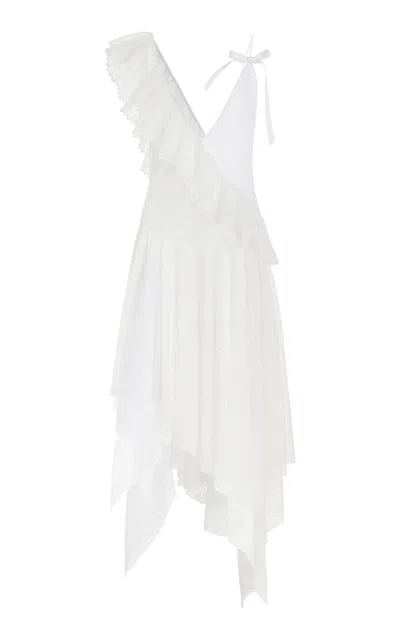 Francoise Carine Assymetic Ruffled Lace Midi Dress In White
