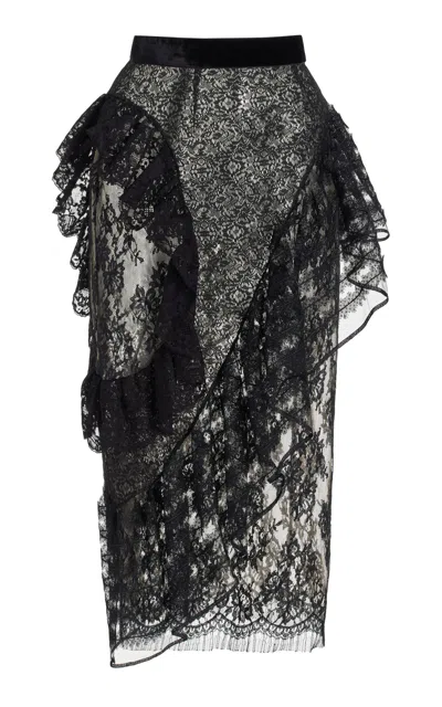 Francoise Carine Ruffled Lace Midi Skirt In Black
