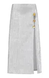 Francoise Exclusive Emanuelle Buttoned Lamé Midi Skirt In Silver
