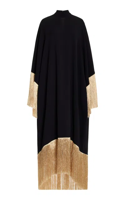Francoise Exclusive Farrah Fringed Deadstock Crepe Caftan In Black